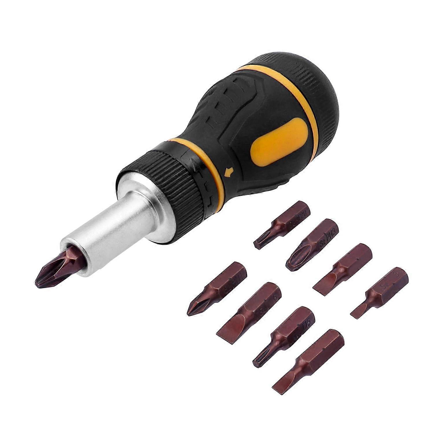 9 in 1 Stubby Ratcheting Screwdriver, Mini MultiBit Magnetic Screwdriver Tool with Torx Security, Flat Head, Phillips and 1/4 Nut Driver