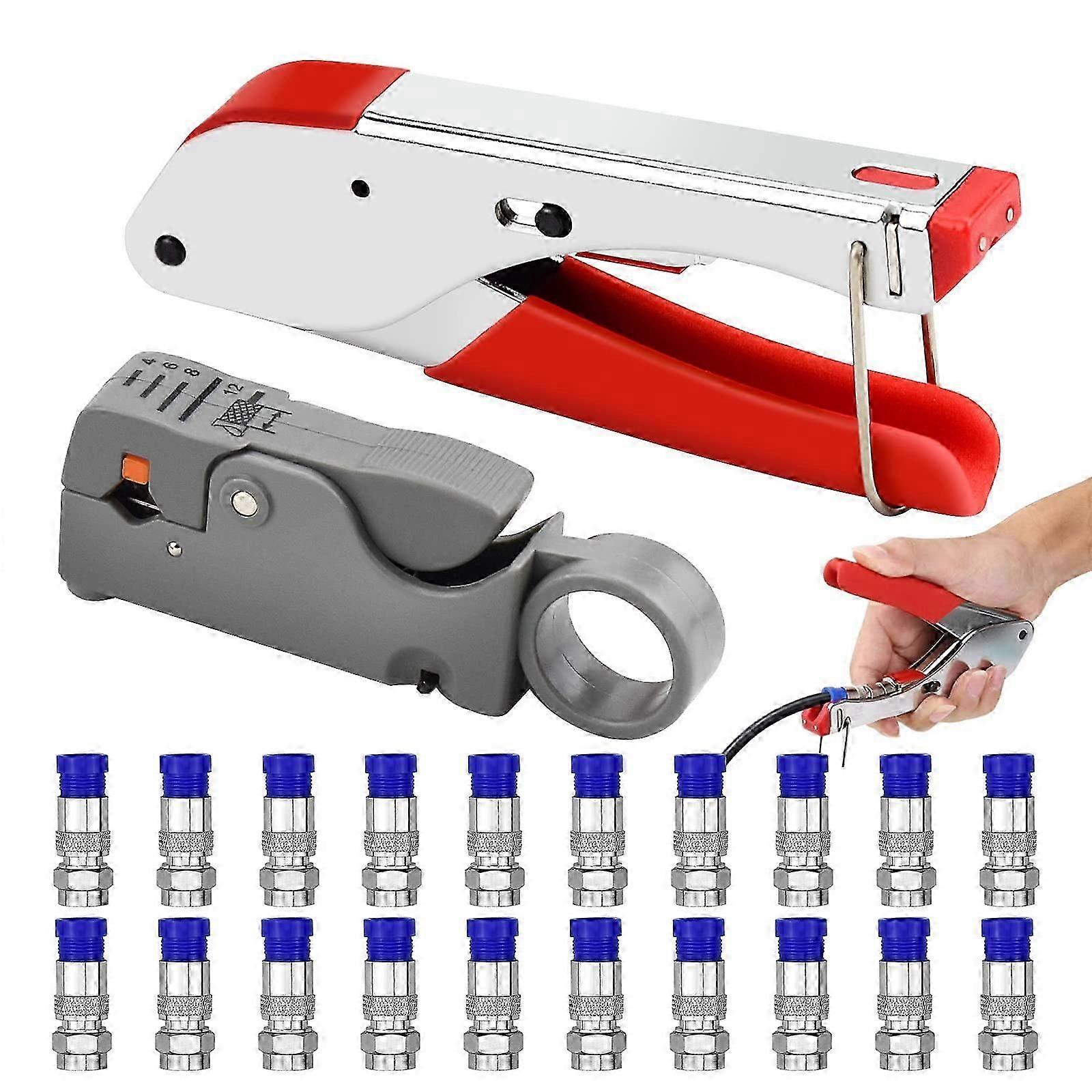 Crimping Pliers Set, Crimping Pliers with 20 F Plugs Coaxial Cable Compression Tool Kit Rg59 Rg6 Double Blade Crimper Pliers Wires Crimping Kit