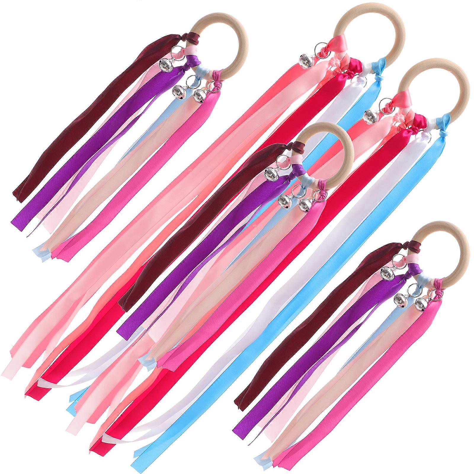 Rainbow Hand Kite with Bells for Dancing Vibrant Ribbon Streamers Assorted Color Wooden Handle 5pcs