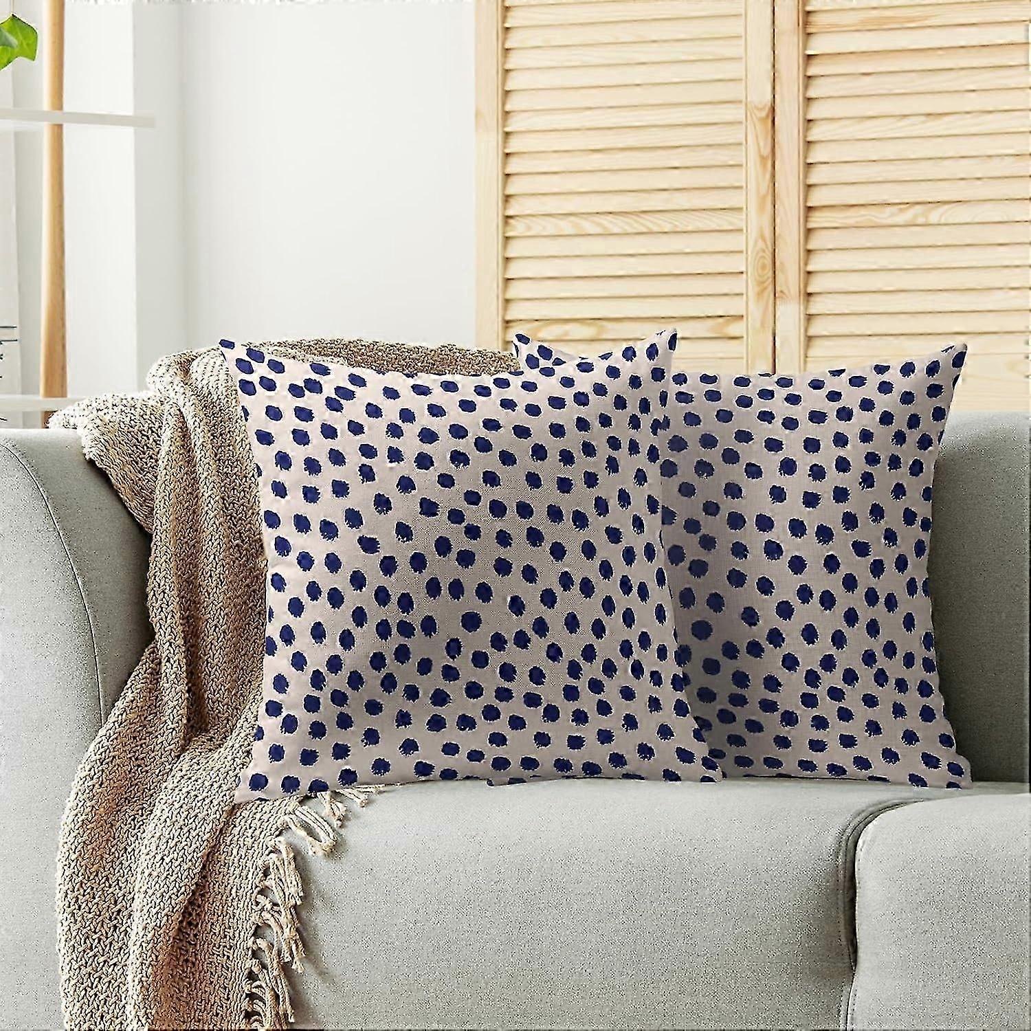Navy Blue Cream Polka Dot Pillow Covers 16x16 Set of 2 Boho Style Decorative Throw Pillow Cases Outdoor Farmhouse Decoration for Sofa Couch Bed