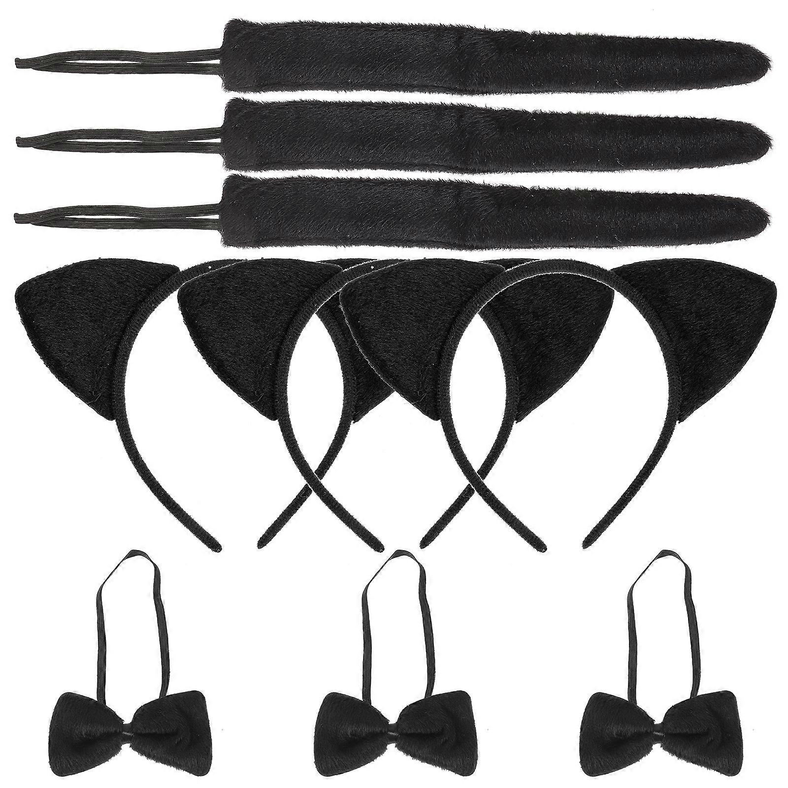 3 Sets Cat Ears Headband Bow Tie Tail Set Kids Cosplay Animal Performance Props