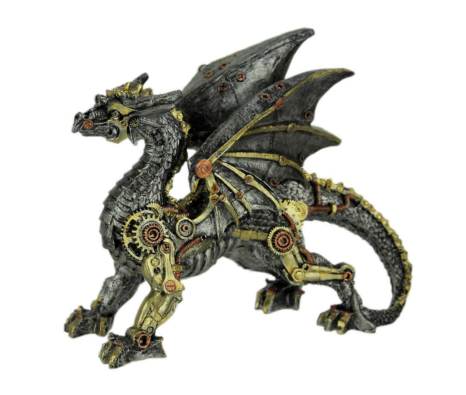 Metallic Silver and Gold Gothic Steampunk Dragon Statue