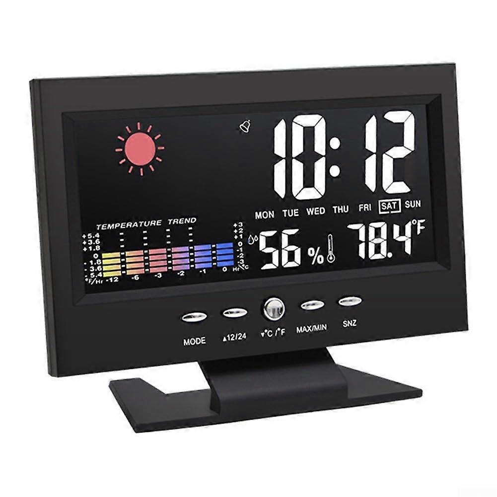 Digital Weather Station Thermometer Hygrometer Clock With Temperature Humidity Display And Voice Controlled Backlight Alarm Black