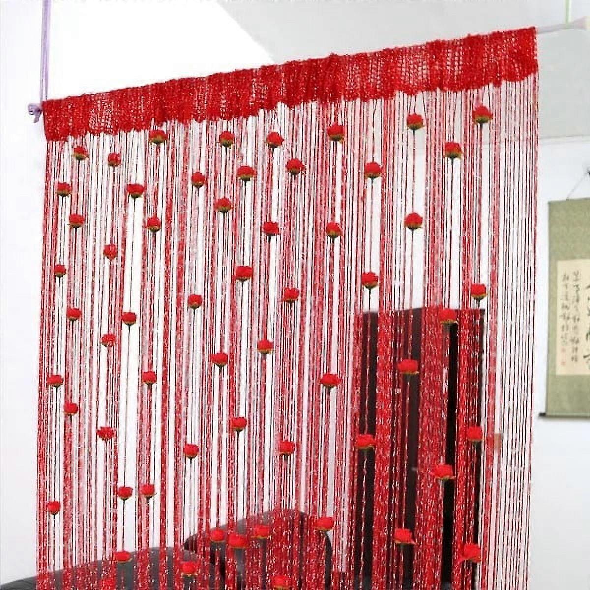 SDJMa Rose Thread Door Curtain 39x79 Inch, String Curtain with Roses Room Divider, Privacy Door Frame Tassel Decoration (Red)