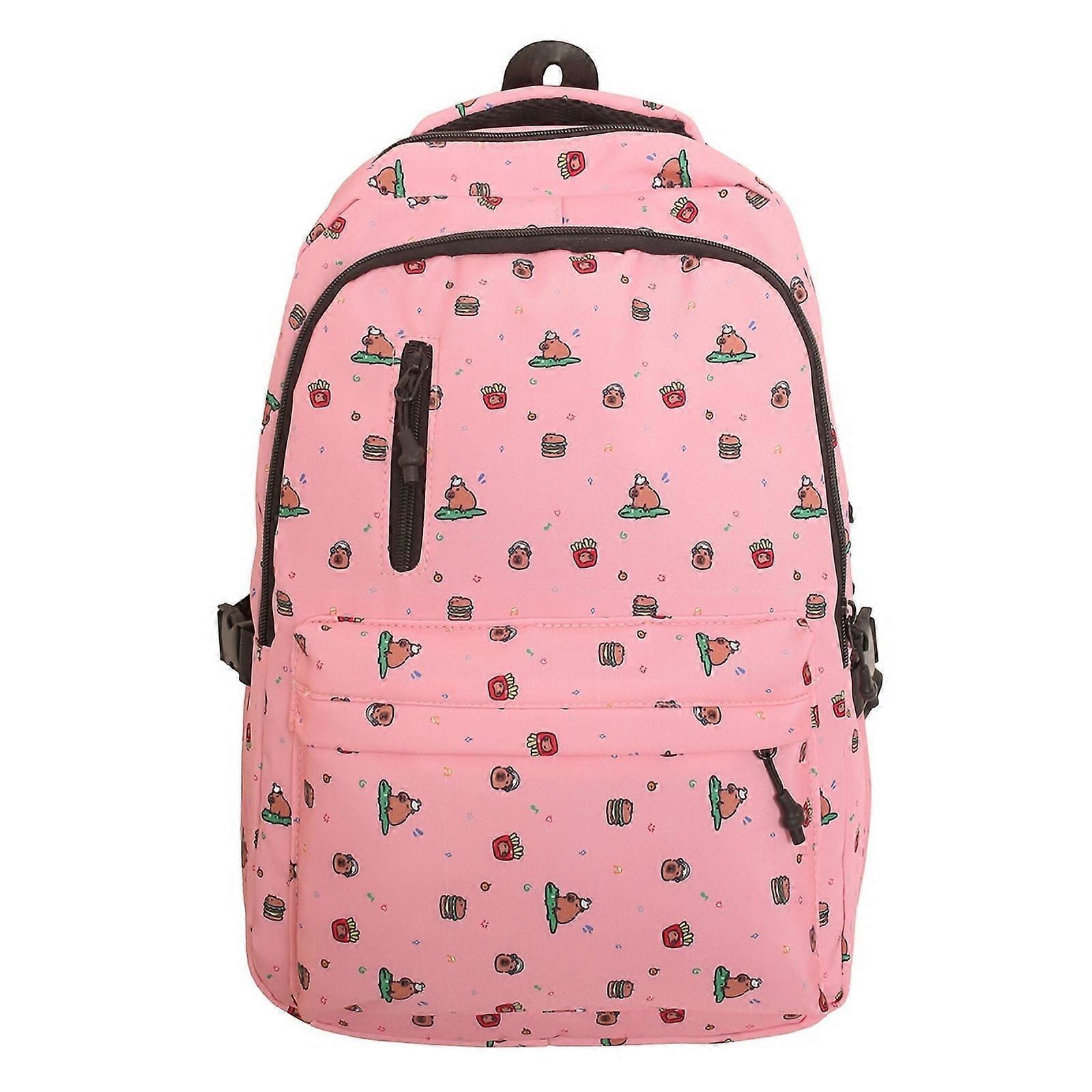 Large-capacity capybara backpack, multi-pocket casual backpack with pendant, adjustable shoulder strap backpack, school backpack (pink)