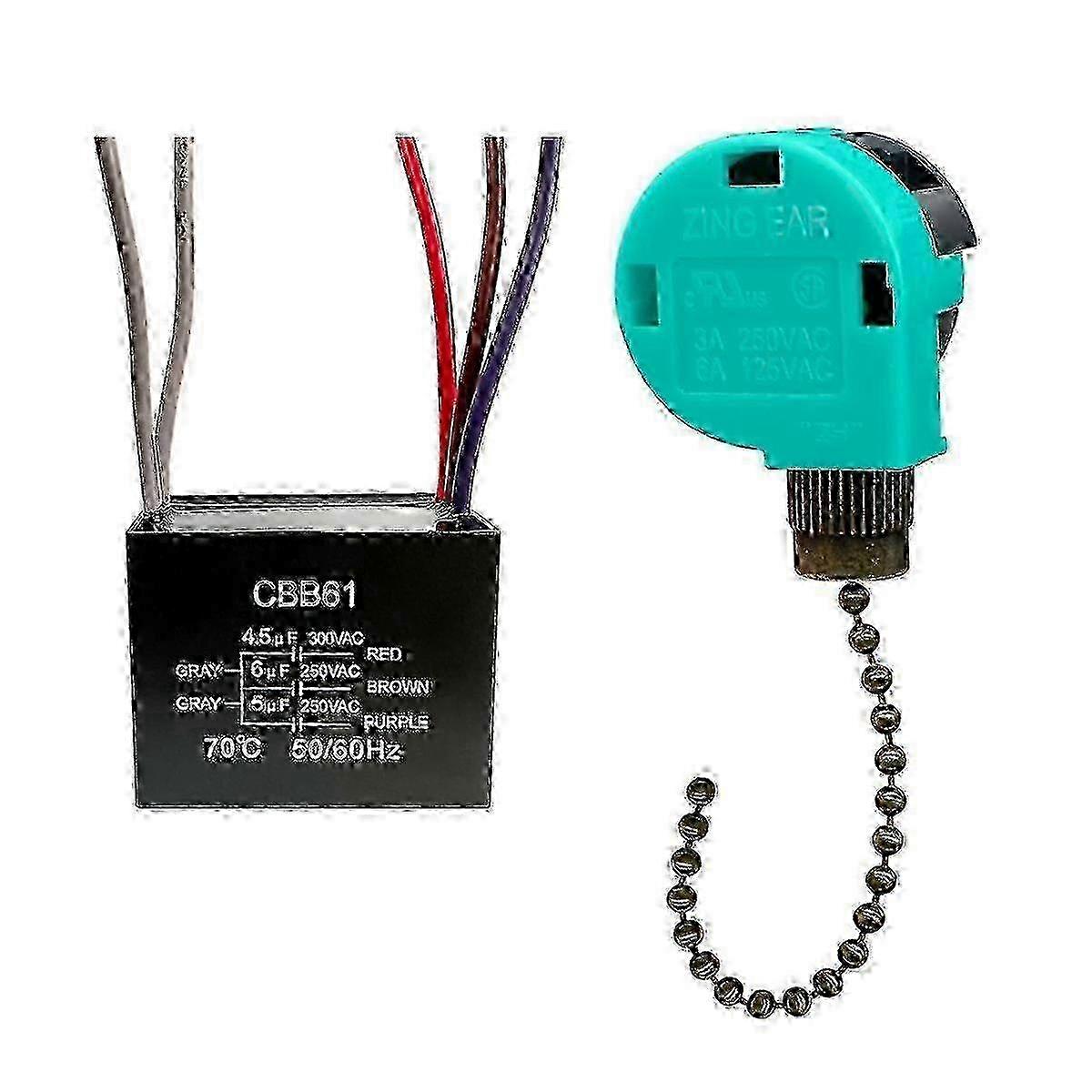Ceiling Fan Pull Chain Switch 3 Speed 4 Wire, Ceiling Fan Capacitor for Certain Brands 4.5Uf + 6Uf + 5Uf 5 WIRE