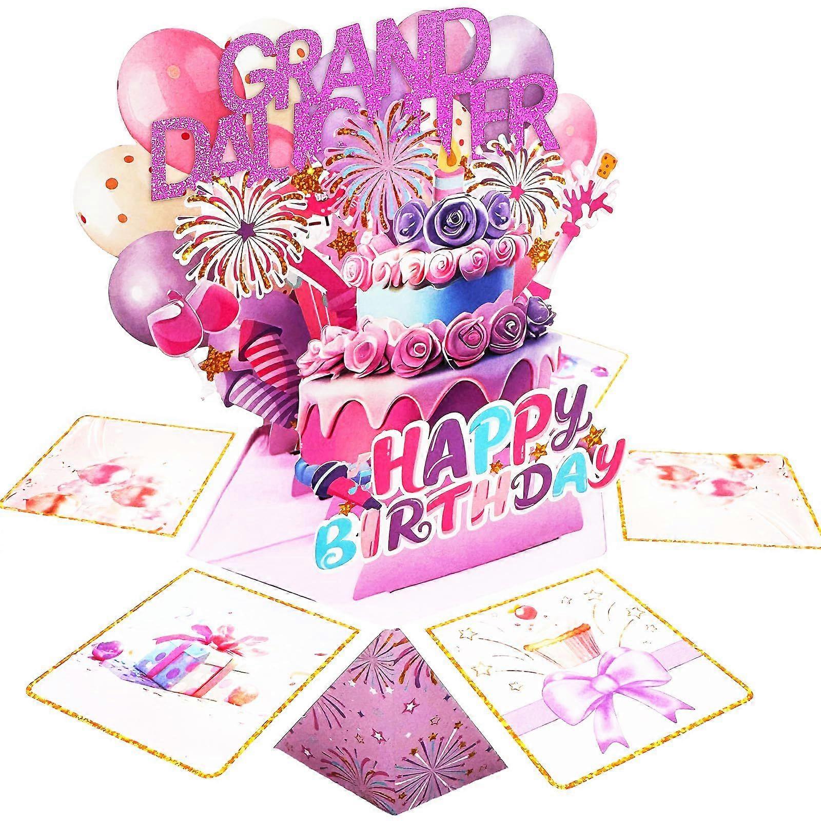 3D Pop-Up Birthday Card for Granddaughter, Explosion Box with Cake and Balloons, Unique Foldable Greeting Card