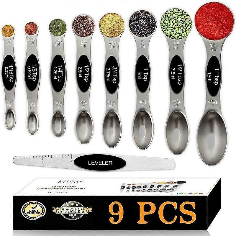 measuring spoons set, stackable on both sides,  stainless steel, for use in  jars and liquids, set of 9-Black