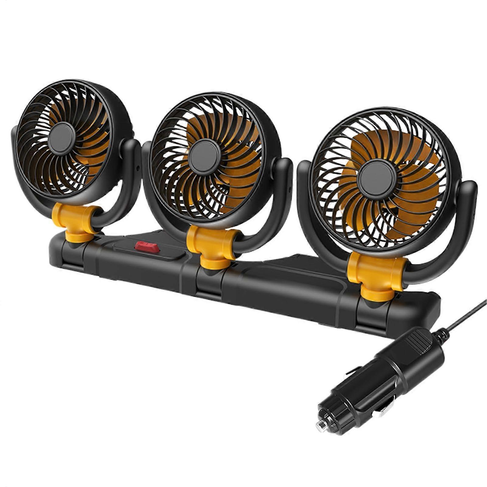 Car Cooling Fan 360° Rotating Triple Head TwoSpeed Airflow for Vehicle Interior Cooling, Yellow