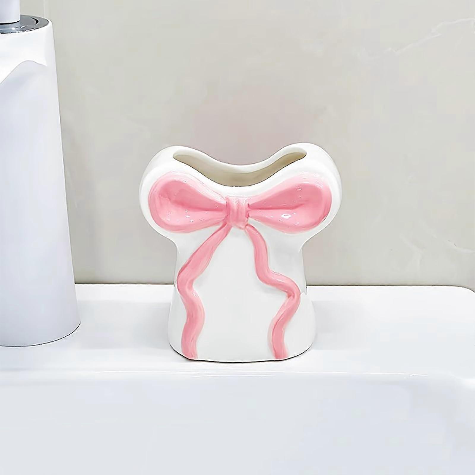 Ceramic Toothbrush Holder with Cute Bow Cup, SpaceSaving Bathroom Organizer Pink 1