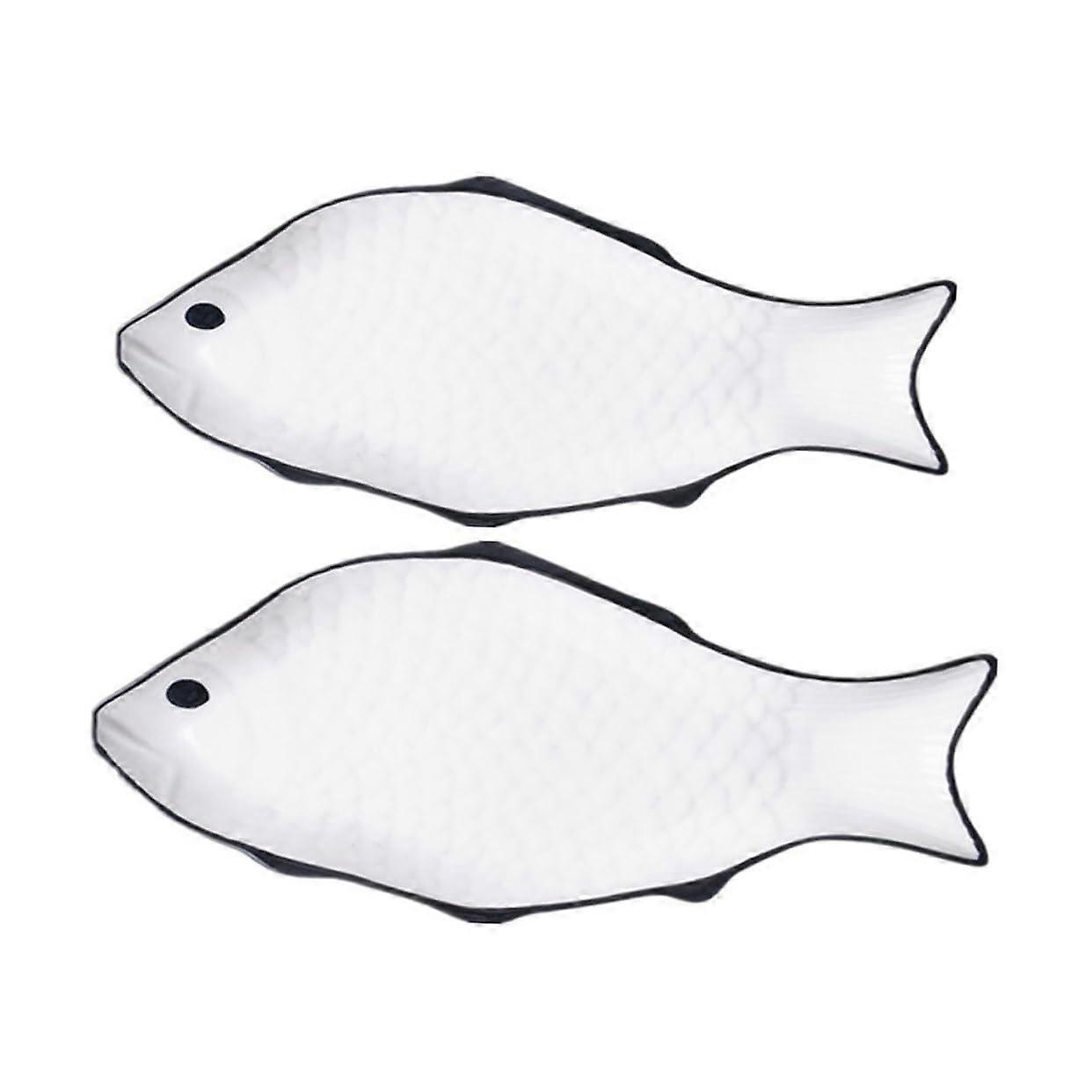 2Pcs Ceramic Fish Shaped Serving Plate Microwave Safe Large Platter for Home and Restaurant