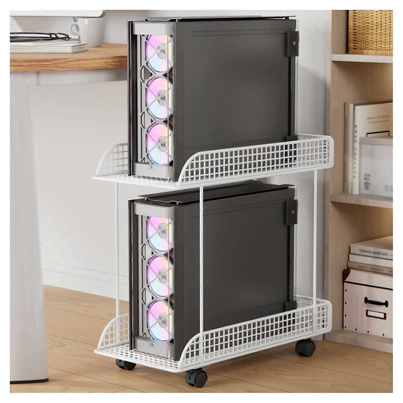 Double Layer Computer Tower Stand White, PC Stand with Wheels, 360° Mobility, Space Saving Design