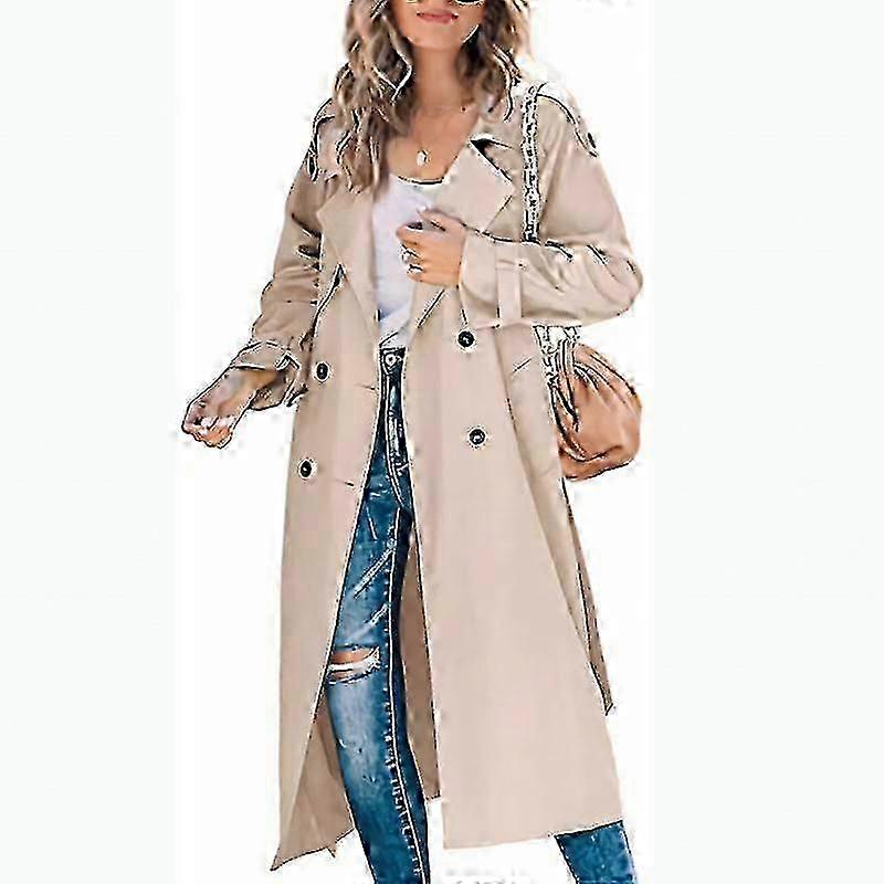 Classic Lapel Women's Trench Coat Double Breasted Long Windproof Coat eing