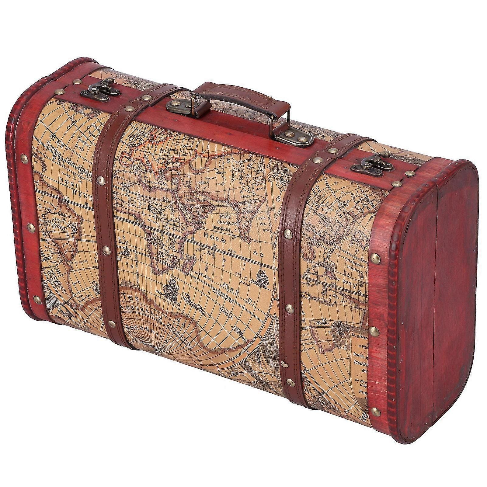 Vintage Suitcase Portable Composite Wood Map Pattern Design Vintage Storage Chest