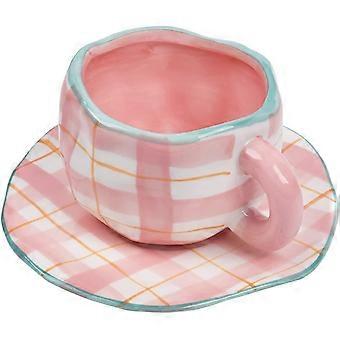 Ceramic Coffee Mug, Cute Pink Cup for Women with Saucer for Office and Home, 10 oz/300 ml for Latte Tea Milk (Pink Check)
