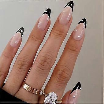 Amêndoa Unhas Falsas Fofo Preto Pressione nas Unhas Dicas Francês Unhas Curtas Falsas Pérola Cobertura Completa Stick nas Unhas para Mulheres e Meninas 24Pcs