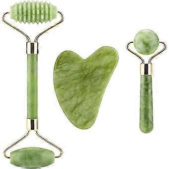 Jade Roller Face Gua Sha Jade Roller, Natural Green Jade Stone Facial Massage Roller, for Eye, Face and Neck Skin3PCS,2024 Ping