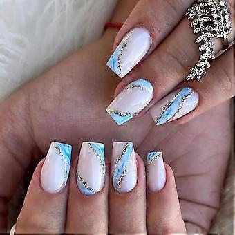 Medium Square French Press On Nails Kit with Gold Glitter, 24Pcs Blue White Glue On Fake Nails