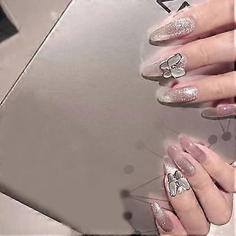 Faux ongles à coller, 24 pièces, rose et gris, motif papillon 3D, qualité professionnelle