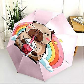 Regenbogenbär trinkt rosa Getränk Faltbarer Regenschirm Tragbarer Reiseschirm Dreifach faltbar