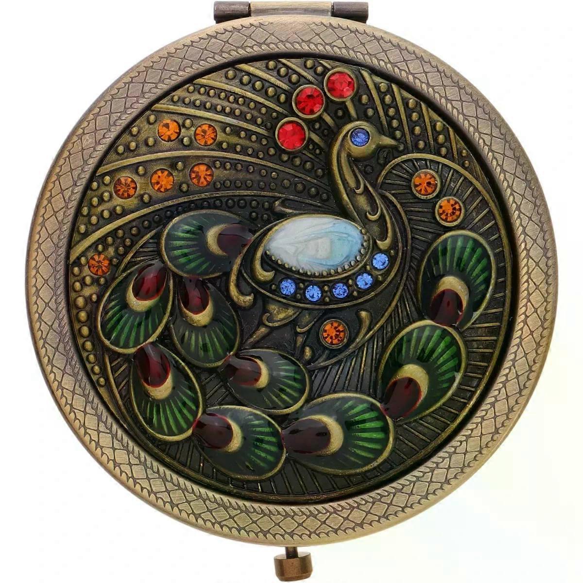 Peacock Compact Mirror for Handbag, round Metal Folding