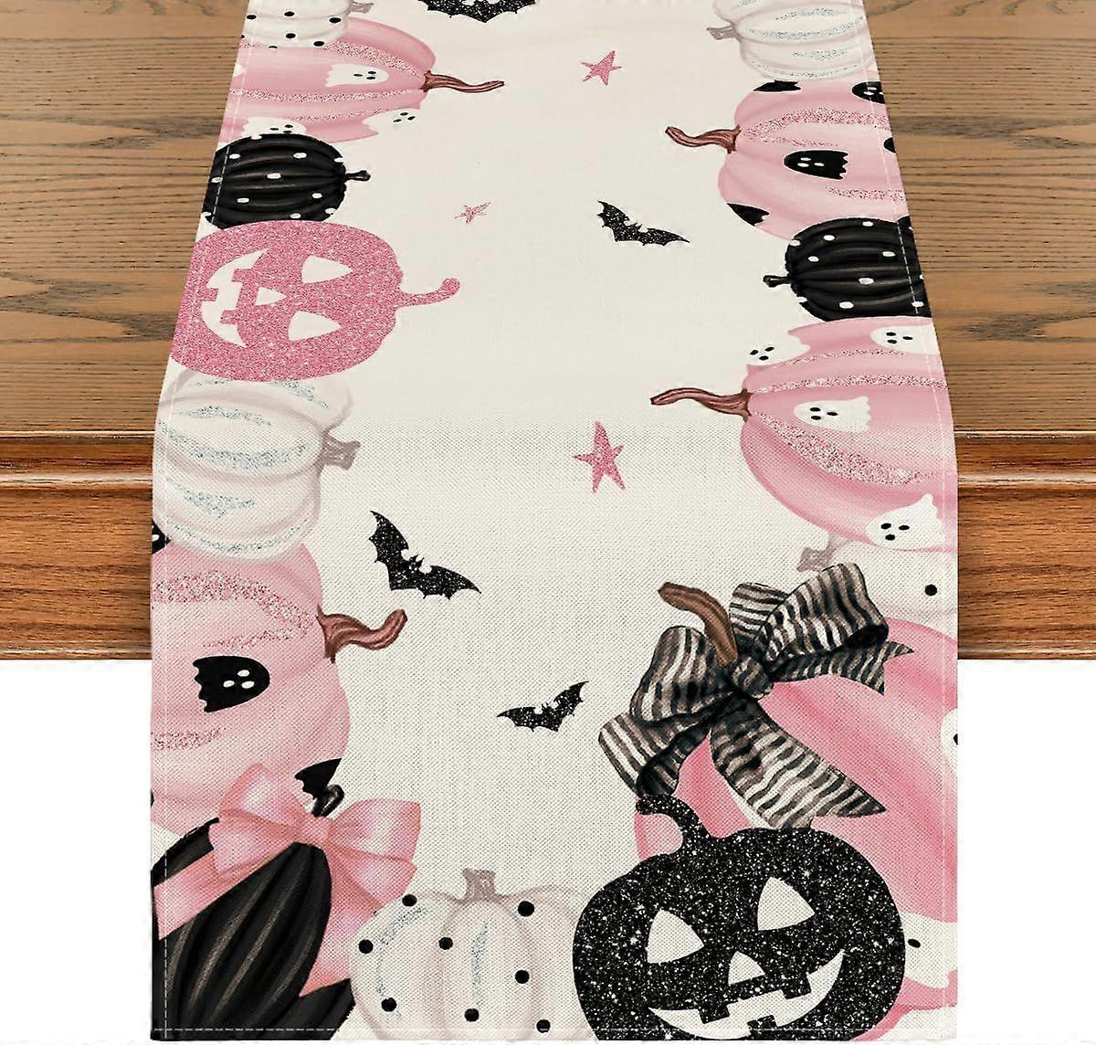 Pink Pumpkin Bat Halloween Table Runner