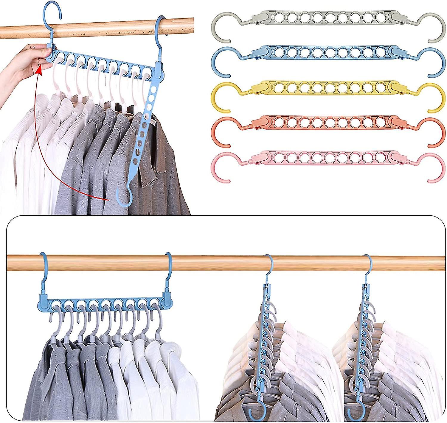5pcs Wardrobe Storage Hangers Space Saving Clothes Organizer Hanger With 9 Holes For Drying And Storage (color Random)