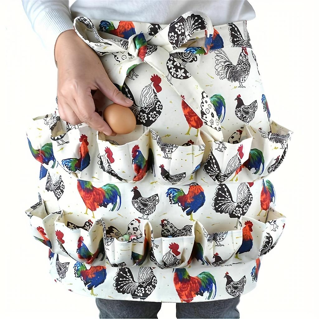 1pc  Rooster Printed Polyester Apron  Polka Dots Double-row Pocket Apron  Durable Eggs Gathering Apron With Pockets  Home Cooking Gardening Farmhouse