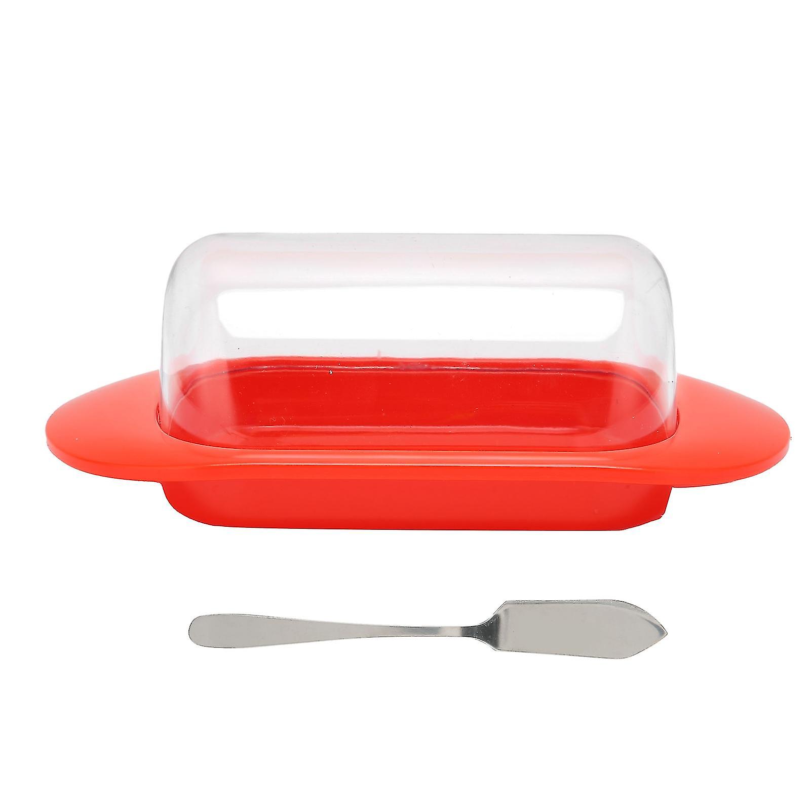 Round Plastic Storage Box for Butter, Cheese, Dessert, Bread, with Clear Lid, Knife, Red