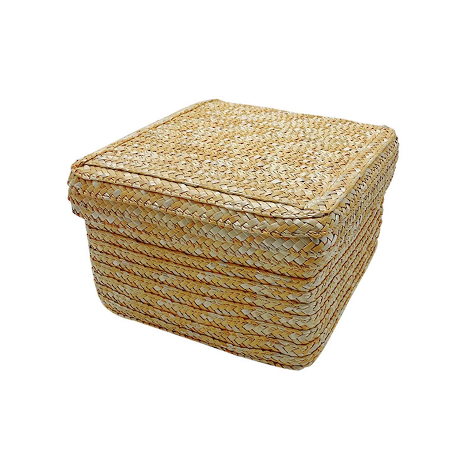 Woven Straw Storage Baskets with Lid Rattan Snack Container Multipurpose Bins Laundry Toys Organizer