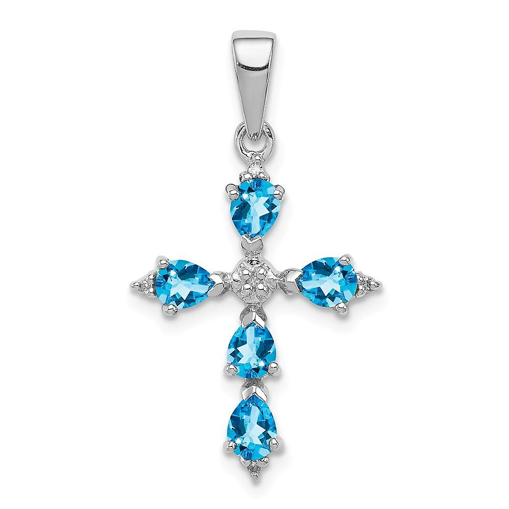 925 Sterling Silver Polished Rhodium Pear Swiss Blue Topaz Religious Faith Cross Pendant Necklace 26x17mm Wide-Pendant f