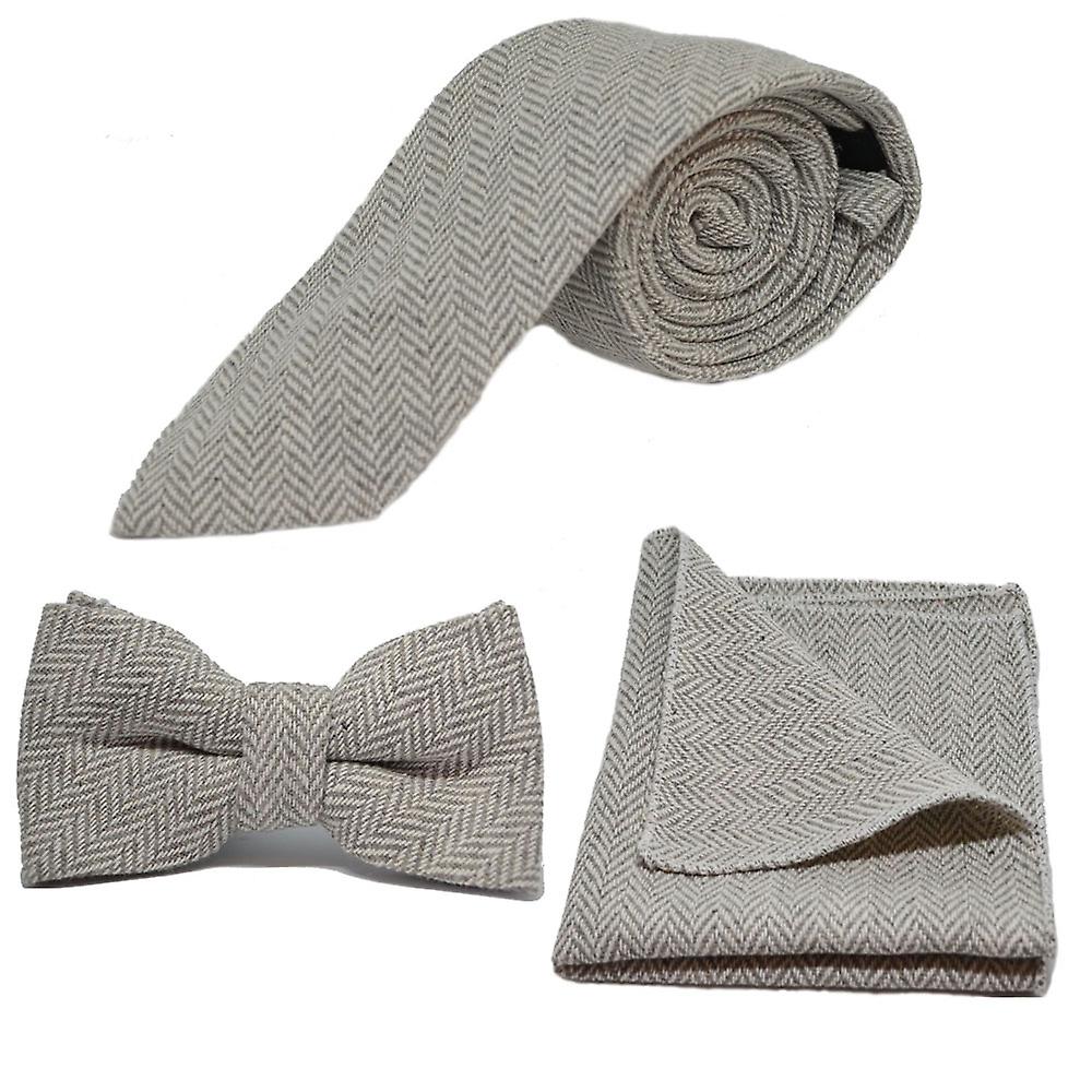Silver Grey & Cream Herringbone Tie, Bow Tie & Pocket Square Set
