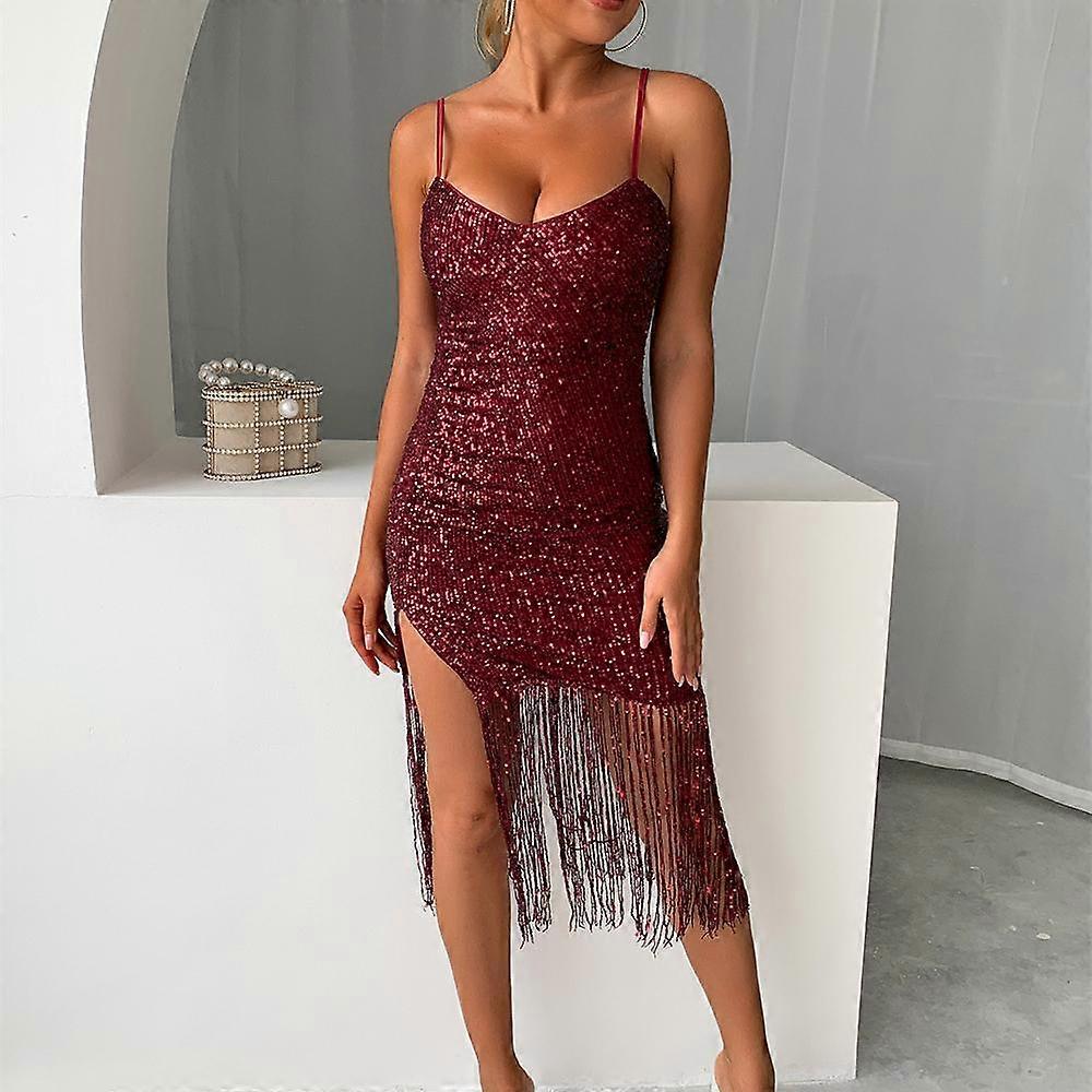 Abito bretelle con frange con scollo a V da donna Abito sottile di media lunghezza di fascia alta