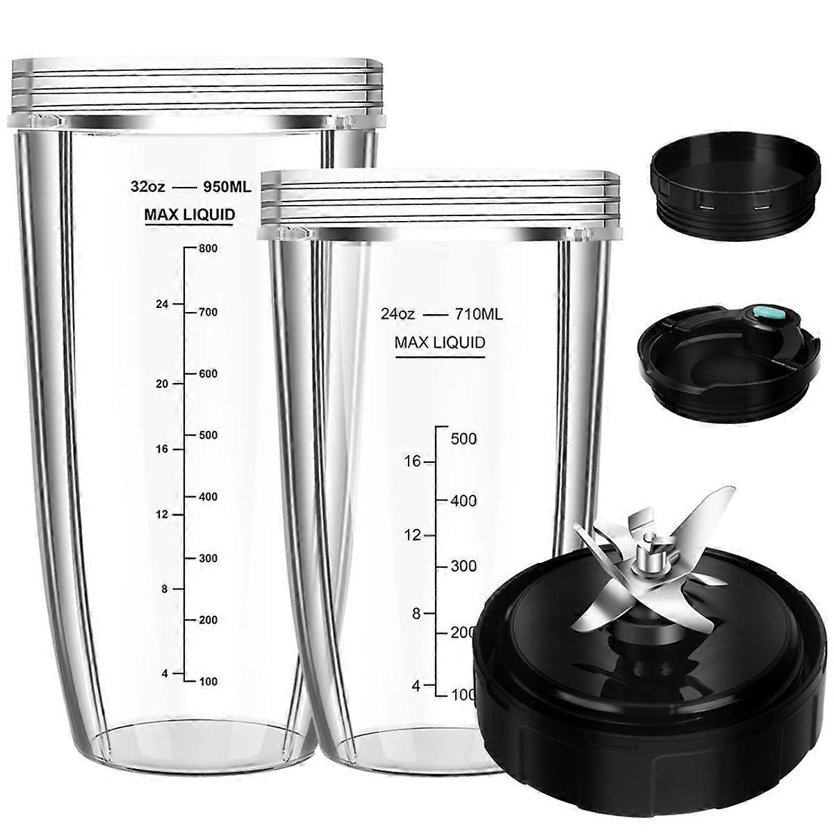 Blender Replacement Parts for , 32oz & 24oz Blender Cups Replacement with To-Go Lids & 7-Fins Extra