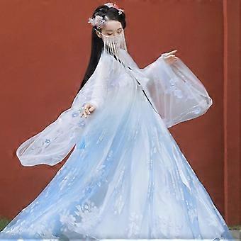 Chinese Traditional Princess Hanfu Dress Women Cute Lace Embroidery Cosplay  Fairy Ancient Clothes Lady Vintage Dance Party Dres Blue 3pcs