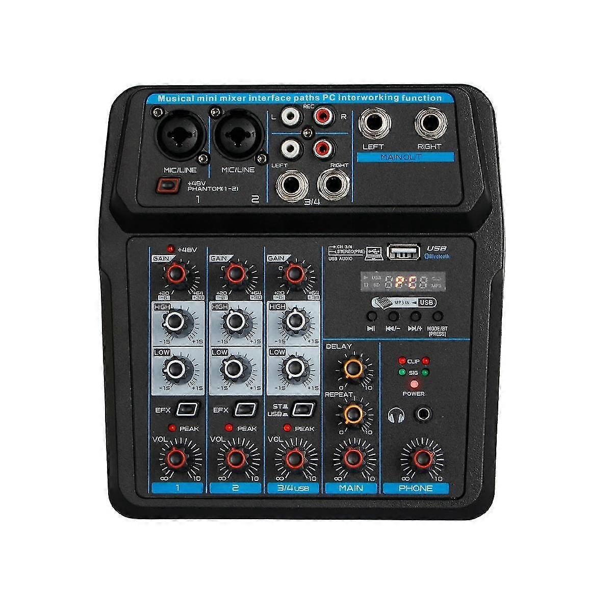Sound Mixing Console Bluetooth Usb Record Computer 48v Phantom Supply Delay Repeat Effect 4 Channel