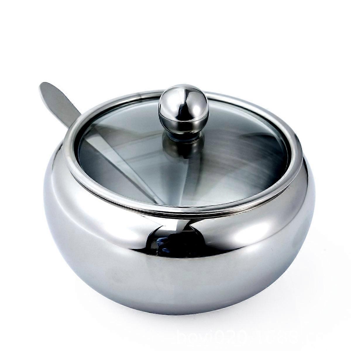 Sugar Bowl, Stainless Steel Sugar Pot with Lid and Spoon, Drum Shape Small Condiment Container for Home and Kitchen