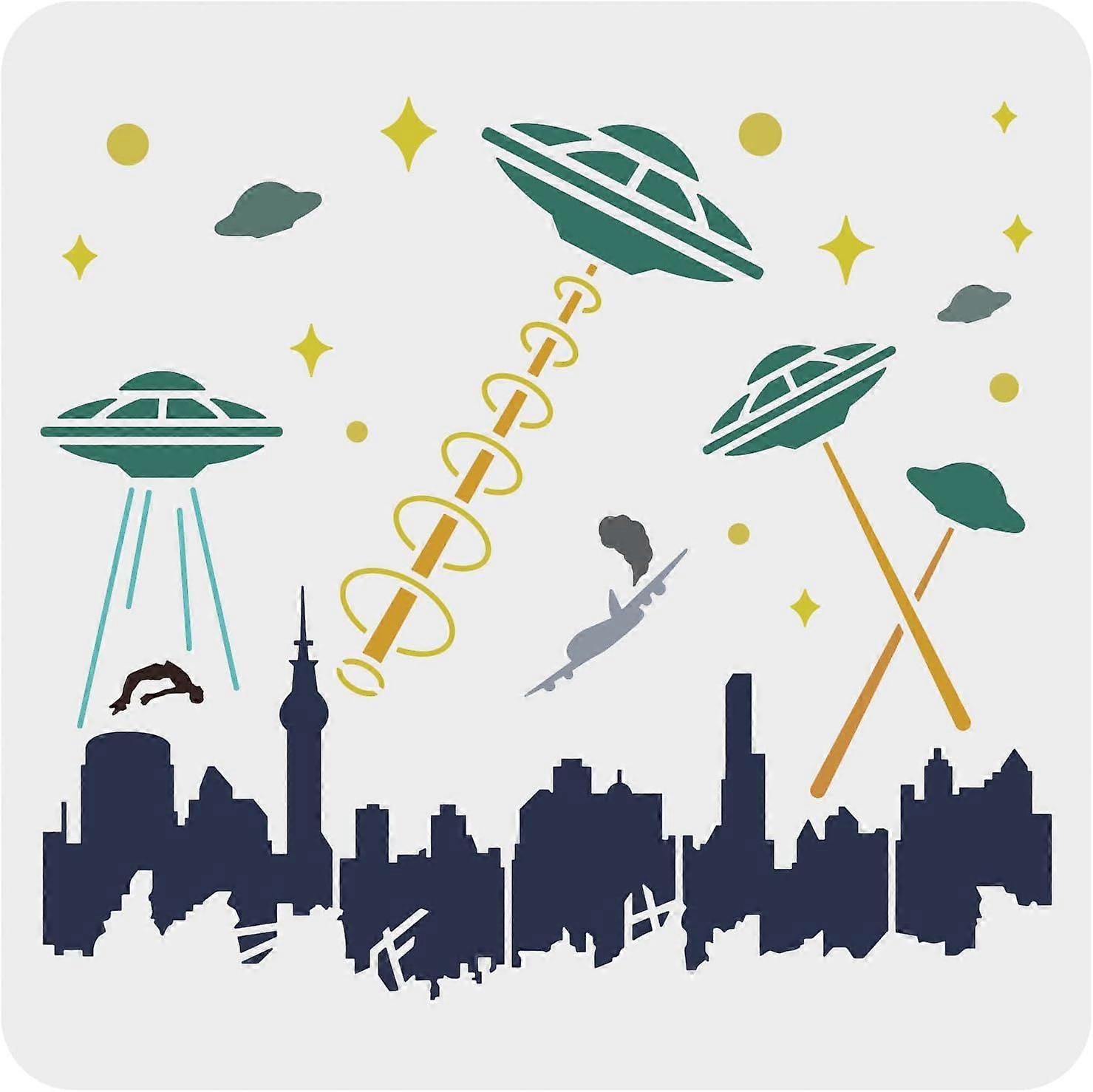 UFO Attack on City Stencil 11.8x11.8inch Alien Template Stencils UFO Spaceship Humans City Buildings Pattern PET Reusable Large Stencils for Painting