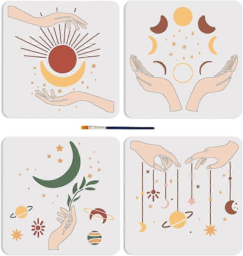 4Pcs Large Boho Sun Moon Reusable Stencil Painting Templates with Paint Brush for Wood Wall Art Crafts 11.811.8inch