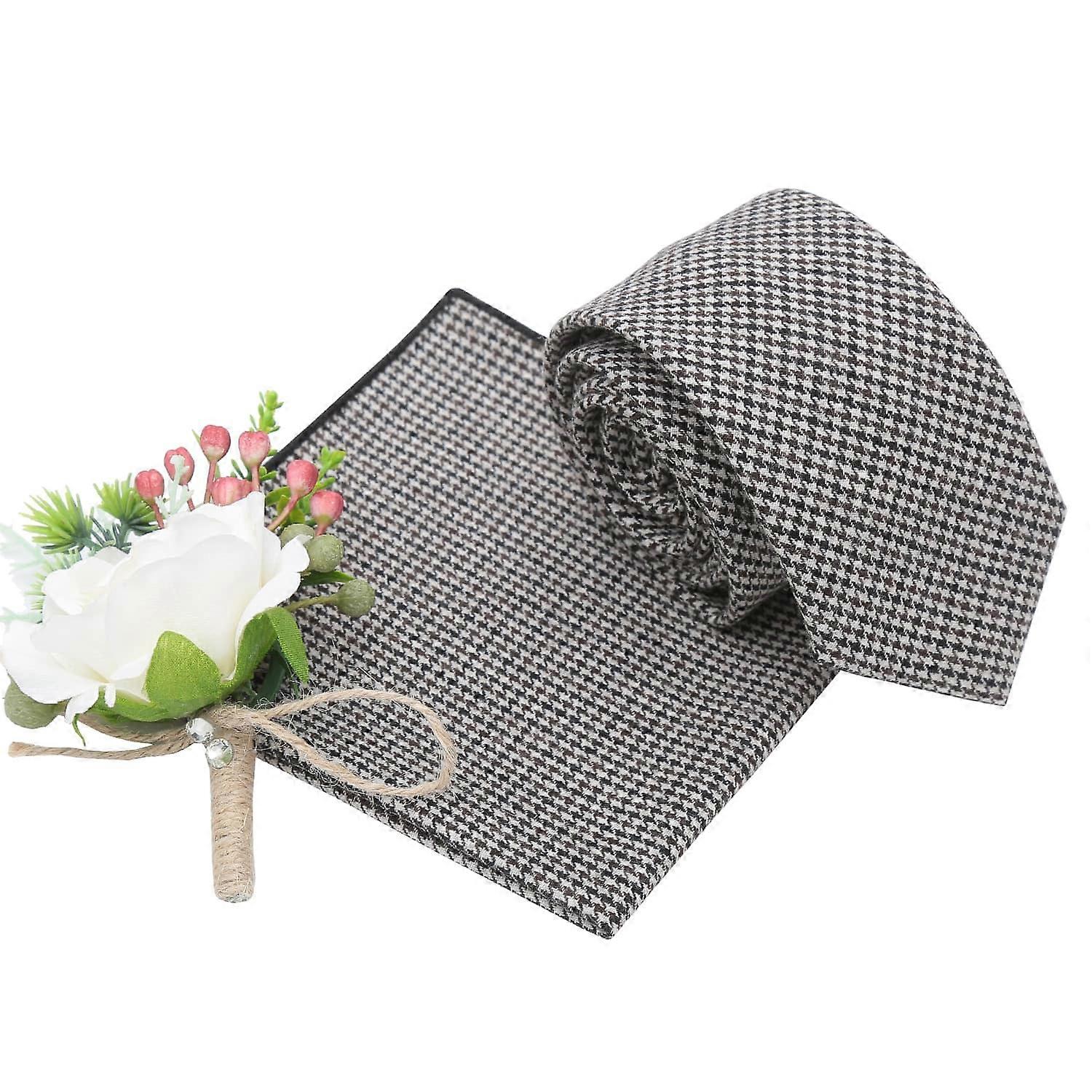 Beige Tweed Houndstooth Tie and Pocket Square Set
