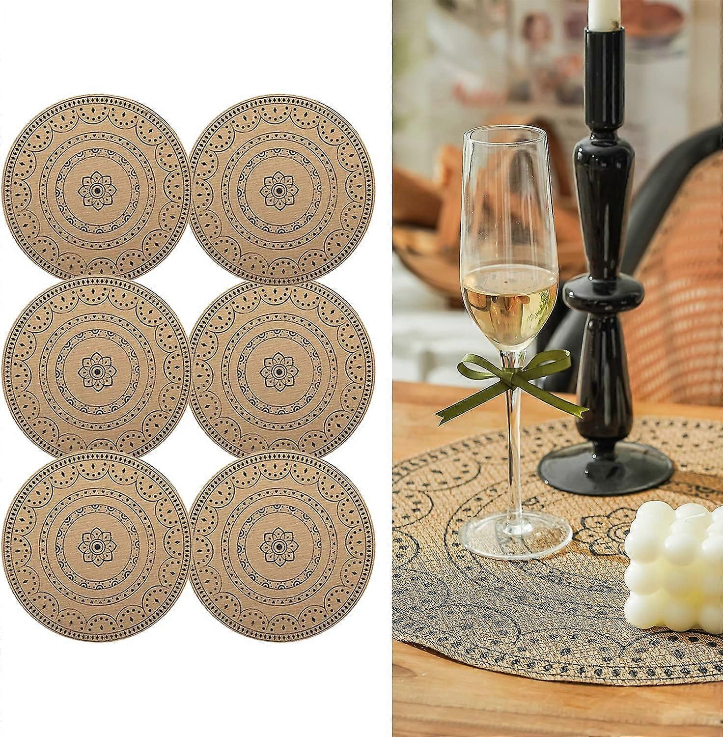 Set of 6 Boho PVC Round Placemats for Dining Table Mandala Table Mats Washable Heat Resistant Placemats Jute Retro Table(E)