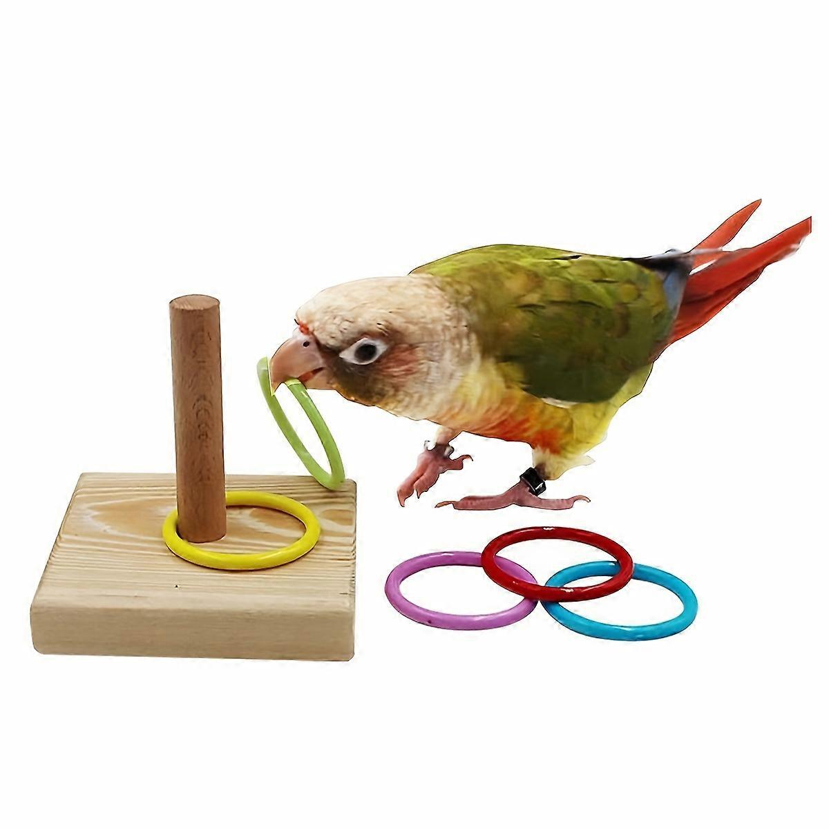 1 Set Of Wooden Parrot Play Platform With 5pcs Assorted Color Rings Toy, Bird Chewing Toy, Intelligence Parrot Toys, Bird Cage Accessories
