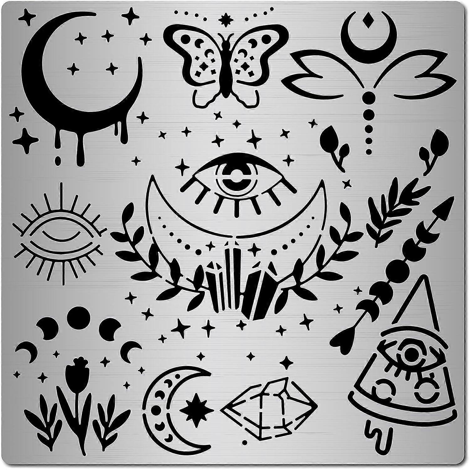 6.3 Inch Metal Moon Phase Stencil Stainless Steel Butterfly Demon Eye Stencils Cutouts Flower Painting Reusable Template for Painting Wood Burning Pyr