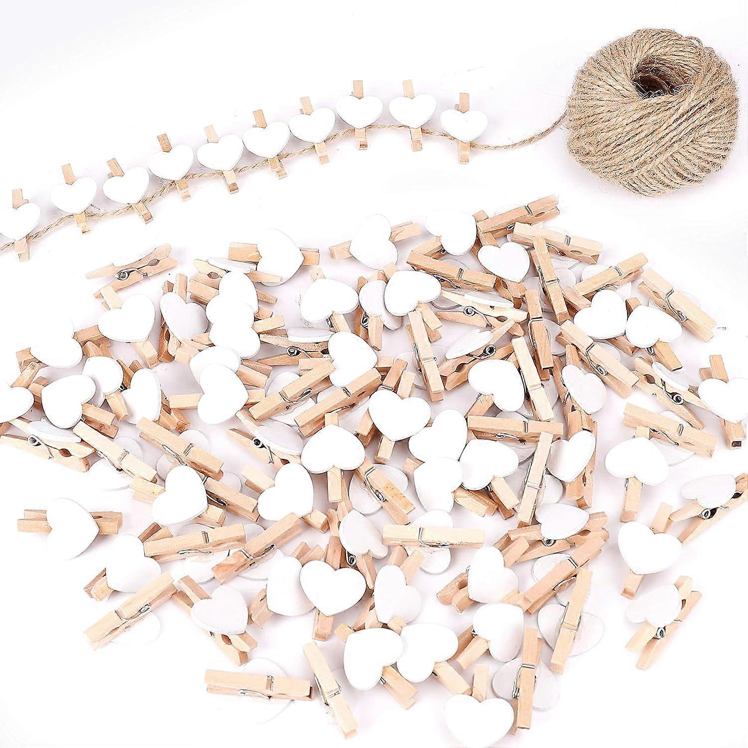 Heart-Shaped Wooden Clothes Hooks Set 100 pcs with 30m String