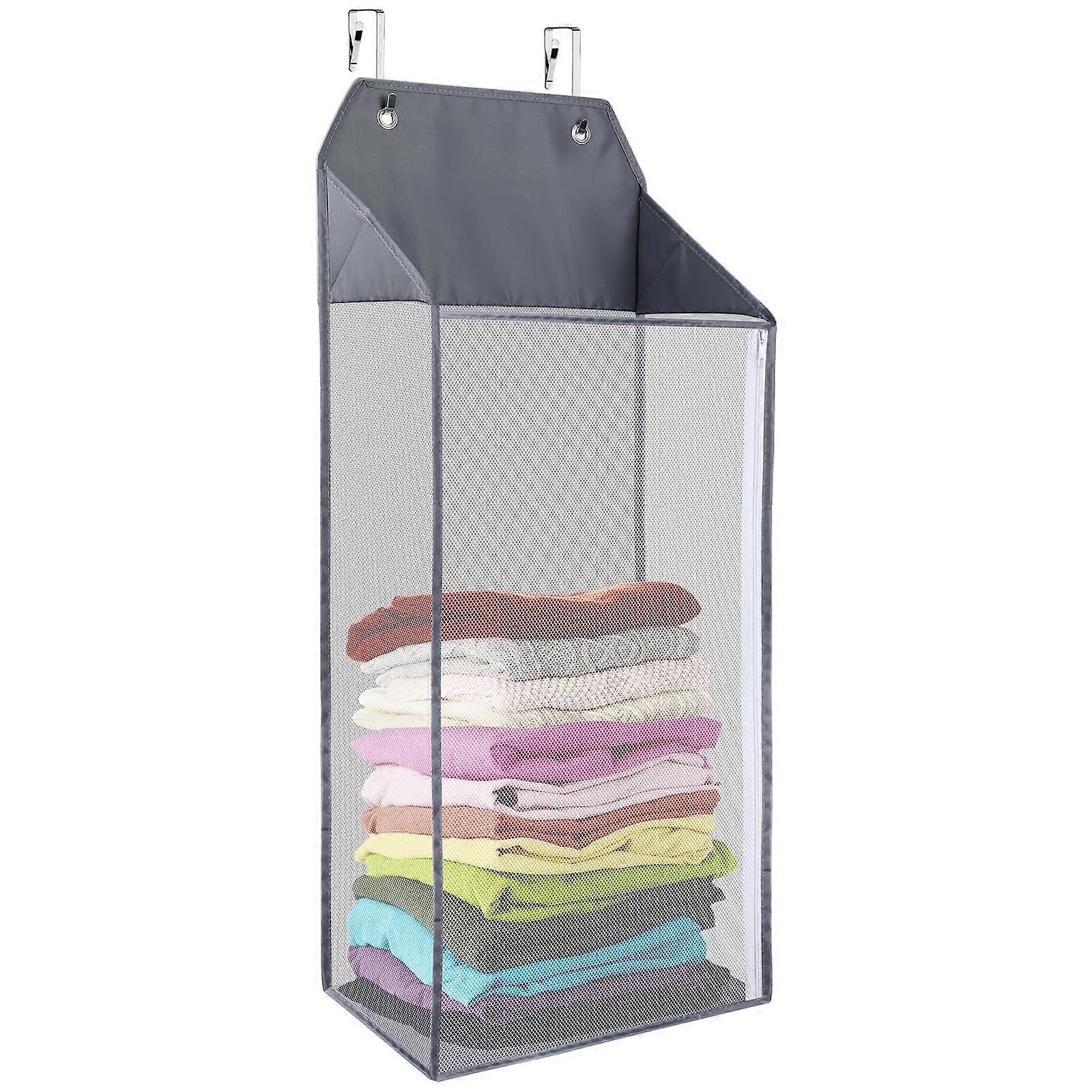 Large Hanging Laundry Hamper for Over the Door Storage, Collapsible Mesh Hamper with Zipper, Grey Laundry Organizer for Bathroom and Dorms