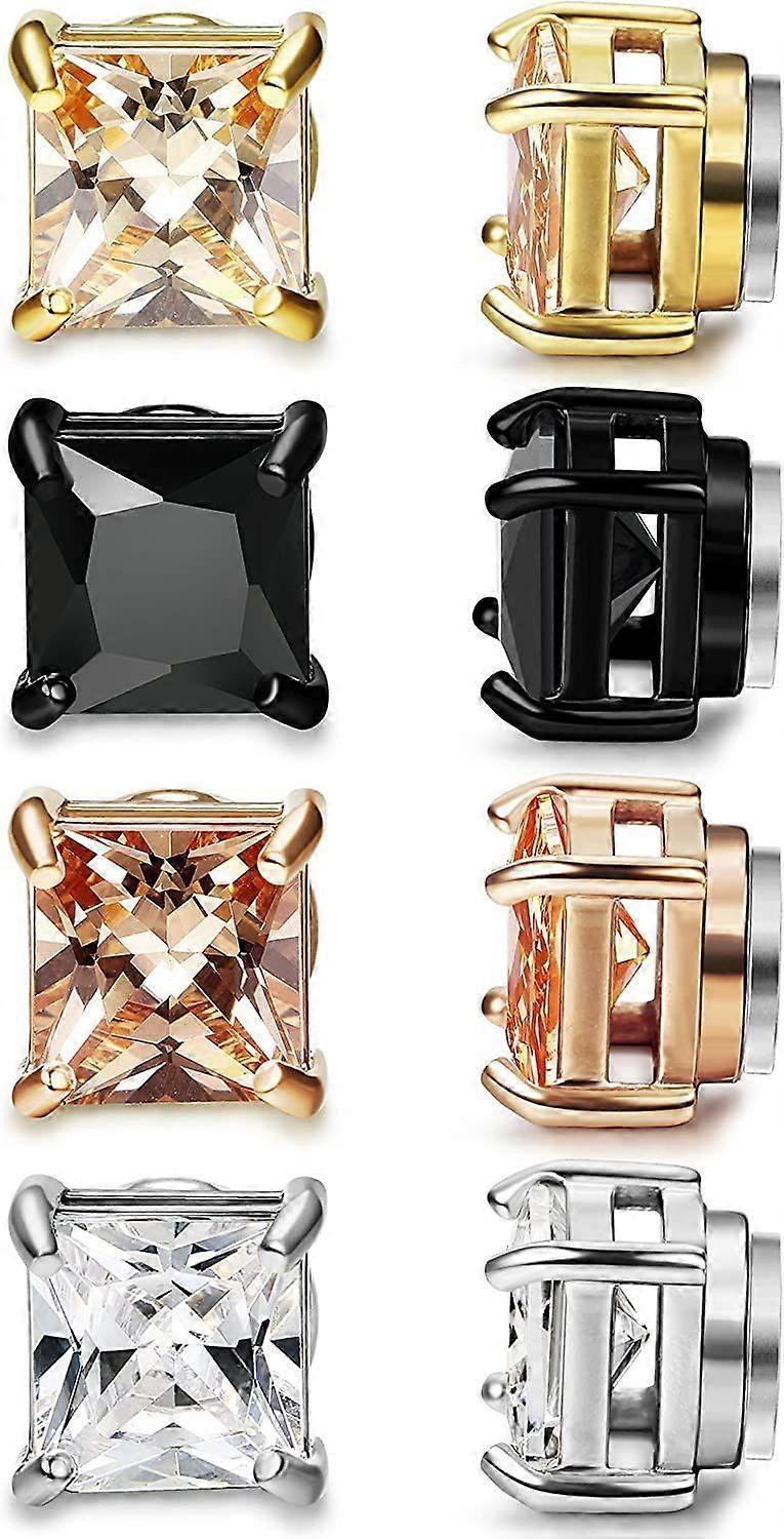 4 Pairs Assorted Princess-cut CZ Stud Earrings Non-Piercing Fake Plug Square