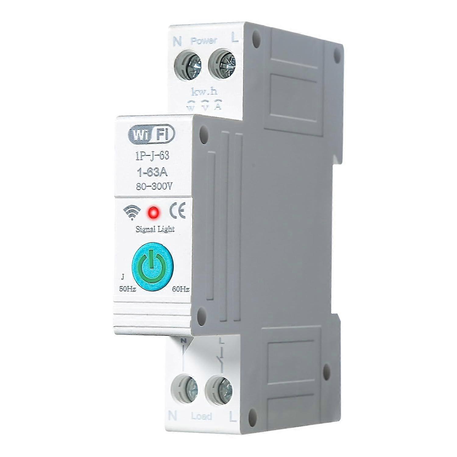 WiFi Smart Circuit Breaker, Connected Electricity Meter Connected Circuit Breaker on DIN Rail with Remote Control, 1P 63A