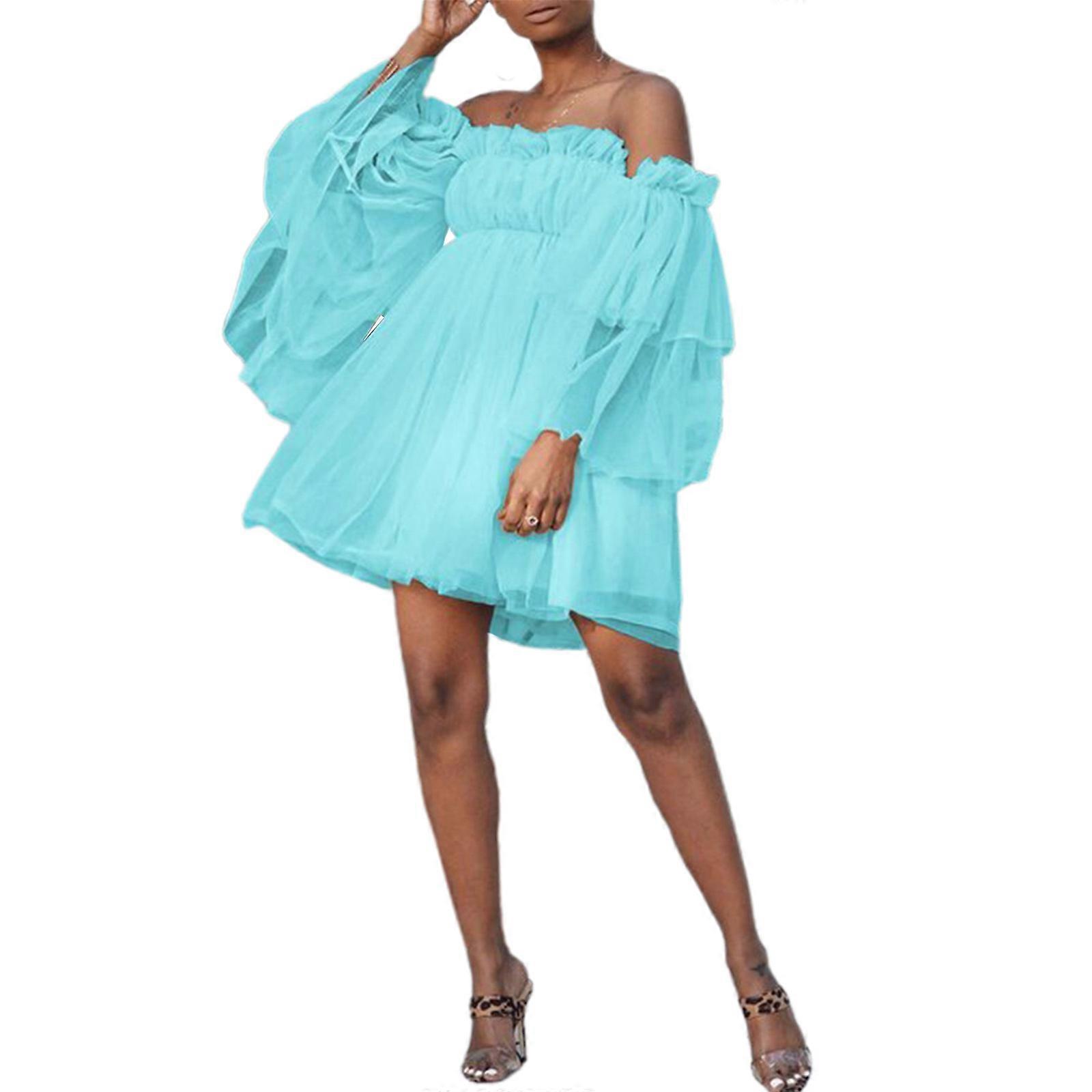 Women Elegant Ruffle Mesh Sexy Off Shoulder Mini Flowy Tulle Dress Flounce  Long Sleeve A-Line Wedding Party Dresses light blue 5XL | Fruugo NO
