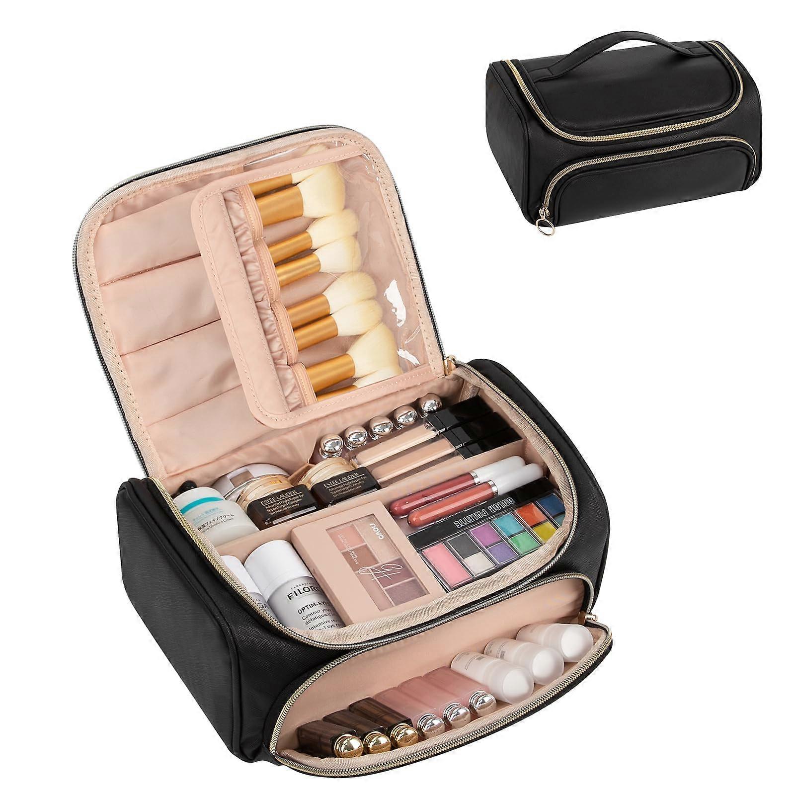 Makeup Bag for Travel and Skin Care – Waterproof, Large Capacity, Organizer Case in Black with Multiple Compartments