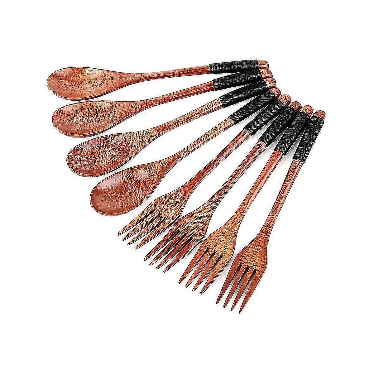8Pcs Wooden Spoons Forks Set, Japanese Style Wooden Utensil Set, Handmade Kitchen Spoon, Reusable T